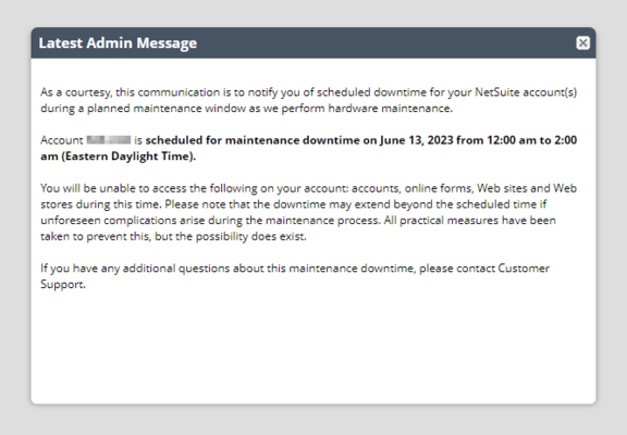 A NetSuite modal window displaying the latest admin message