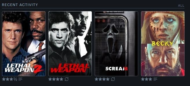 De izquierda a derecha, posters de las películas Arma Letal 2, Arma Letal, Scream VI y Becky.