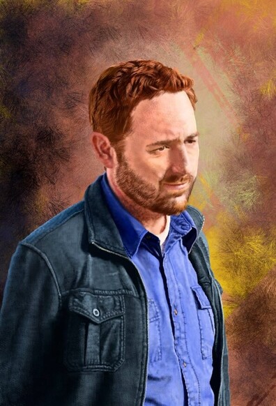 A portrait of Scott Grimes, painted in Photoshop from a photo reference using a mouse.  He is standing in a three-quarter medium shot, looking towards our right, wearing what seems a bluish jean shirt and a darker blue jacket.