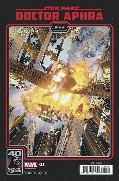 Framed variant cover showing an artistic rendering of the Return of the Jedi scene from the Battle of Endor sequences in which an AT-ST walker gets crushed between two swinging logs thanks to the Ewoks.