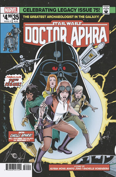 A Doctor Aphra cover in the style of the 1980s classic Star Wars series, complete with corner box and cheesy captions and callouts. The center shows Vader's giant helmet, with Doctor Aphra front and center and a trio of women - Sana Starros, Domina Tagge and Magna Tolvan - lined up behind her. Various starships grace the four corners, e.g. two TIEs in the bottom corners.