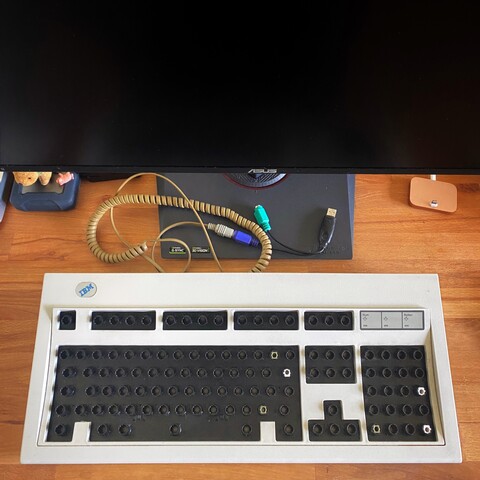 IBM Model M frame without keycaps, cleaned. Background: hard disk with plush bunny and toppled tiny piglet on top;  Asus display, iPhone dock, coiled IBM cable with PS/2 connector and USB adapter.