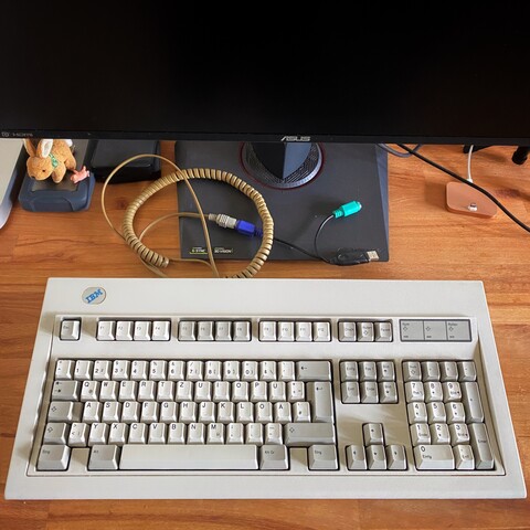 IBM Model M with reattached keycaps, all squeaky clean. Background: Background: hard disks with plush bunny and toppled tiny piglet on top;  Asus display, iPhone dock, coiled IBM cable with PS/2 connector and USB adapter.