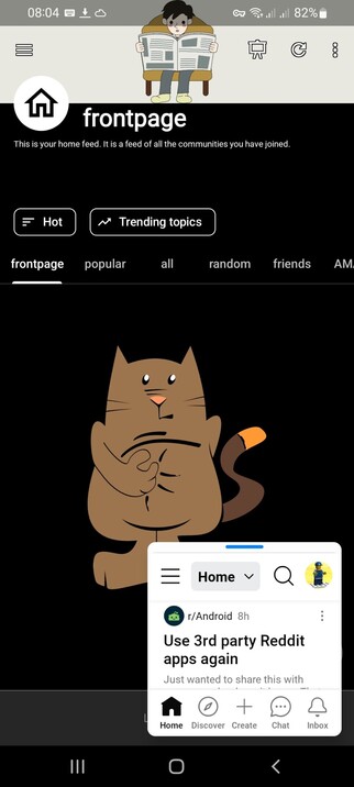 Screenshot showing Joey for Reddit not working, and the floating window showing the Reddit app working.