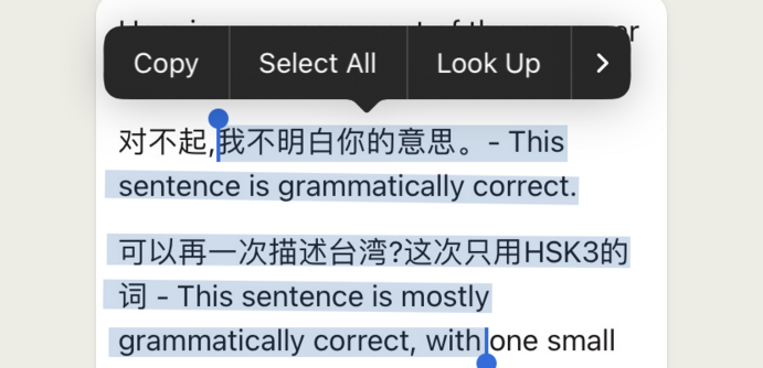 a screen capture of english and chinese text on iOS, being selected with iOS text tools 