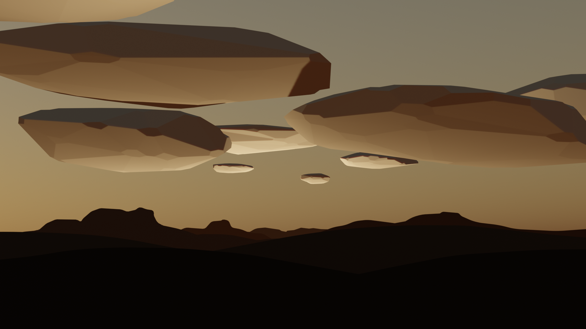 A low poly scene showing large clumped clouds at sunset above silhouetted mountains