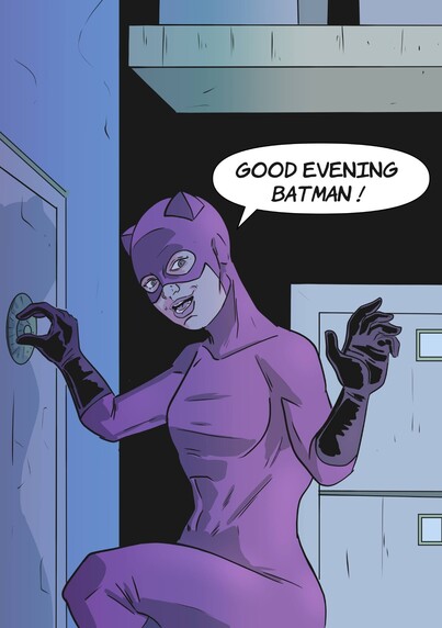 Catwoman  kneels down next to a large safe her hand resting on it as she prepares to crack it. She looks over her shoulder & waves as she greets a presence behind her, she says "Good Evening Batman!"
The image in bathed in a purple toned light that echoes her purple Catwoman costume with black gloves & boots