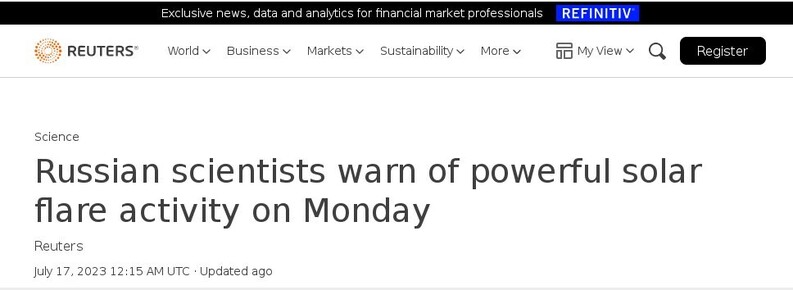 Solar activity to peak on Monday
Headlines Reuters 2023 Jul.17