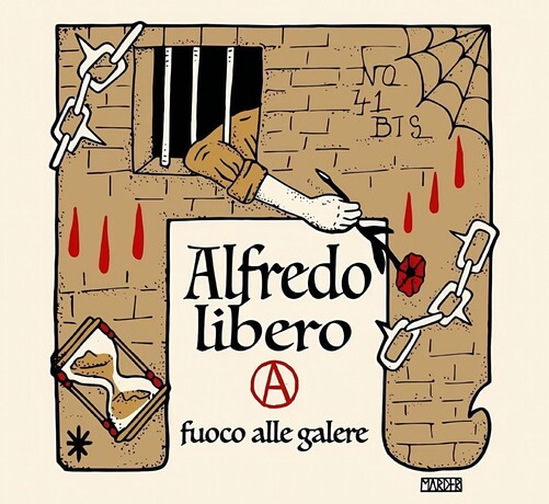 "Alfredo libero. Fuoco alle galere." (IT: Italiano)
"Free Alfredo. Fire to every prison." (EN: English)
Source | Permalink | High resolution

https://anarchiststickersarchive.org/stickers/2876

Via Antifascists Pics and Vids en Telegram

#Cospito #Libero
