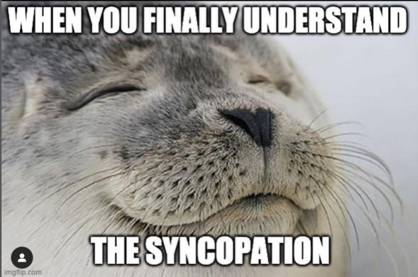 Face of a young seal pup appearing to be smiling, with eyes closed.  Text reads: "When you finally understand the syncopation".
Refers to syncopation in #tangomusic such as that found in the works of Pugliese, the #Argentinian orchestra maestro who is known for creating complex pieces of #tangomusic which appeal to seriously advanced dancers.