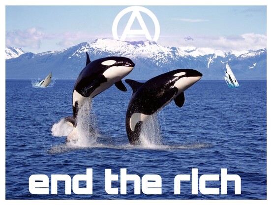 Two orcas jumping Out of the water. Two sinking jachts in the Background 