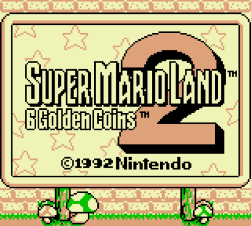 Title screen for the GameBoy game "Super Mario Land - 6 Golden Coins"
