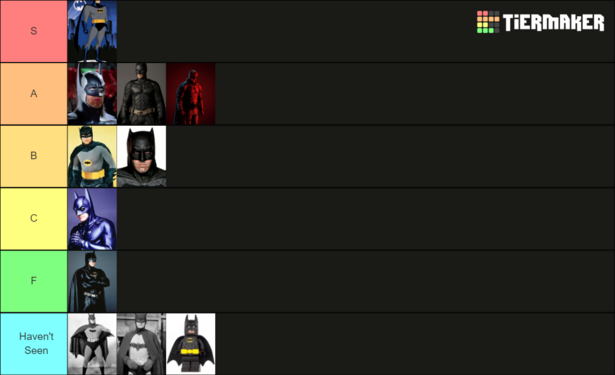 A tier list of Batmen actors.
S-tier: Kevin Conroy's animated series Batman.
A-tier: Michael Keaton's Batman '89, Christian Bale's Dark Knight, Robert Pattinson's The Batman.
B-tier: Adam West's Batman '66, Ben Affleck's DCEU Batman.
C-tier: George Clooney's Batman (Batman & Robin).
F-tier: Val Kilmer's Batman (Batman Forever).
Haven't Seen tier: Lewis Wilson and Robert Lowery (Batman serials), Will Arnett's Lego Batman