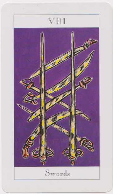 The 8 of Swords from the Jonathan Dee/Shirley Barker Tarot deck. The card depicts eight swords in an arrangement reminiscent of prison bars. The swords' hilts are reddish and the blades are yellow. The plain background is purple. 