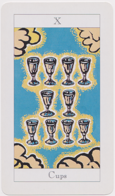 The 10 of Cups from the Jonathan Dee/Shirley Barker Tarot Deck. Ten cups are depicted in three rows: four, two, and four. Puffy clouds are arranged in each corner. The cups are yellow, with a golden glow outlining them. The clouds are yellow as well, and the background is a bright blue.