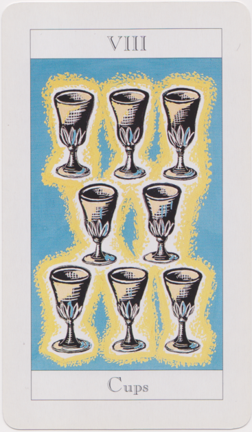 The Eight of Cups from the Jonathan Dee/Shirley Barker Tarot Deck. Eight yellow cups are arranged against a bright blue background. The cups are in three rows: three, two, and three. They are outlined in a yellow in a way that implies a shine or glow. 