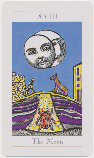 Card 18 of the Major Arcana of Jonathan Dee's and Shirley Barker's Tarot Deck. The card depicts a moon with a face looking down enigmatically at a scene of a scarab beetle ascending a path guarded by a dog on one side and a wolf on teh other. Next to the dog is a (ruined?) stone tower; next to the wolf is a more mundane building of straight lines. Or maybe it's the opposite? I'm unclear on which of the canines is which. 