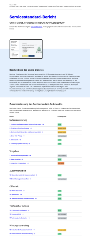 Screenshot of service standard report in German – with a picture of the service interface, a short description and a colour-indicated summary of 19 standard points related to 6 categories: user-centricity, approach, collaboration, openness, technical operation, success metrics