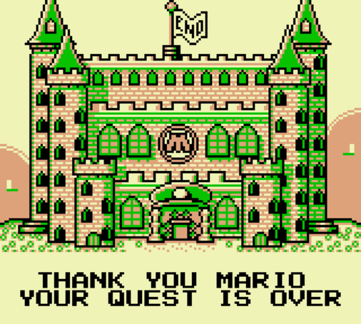 The endig screen of "Super Mario Land 2". It shows Mario's castle and the text "Thank You Mario. Your quest is over."