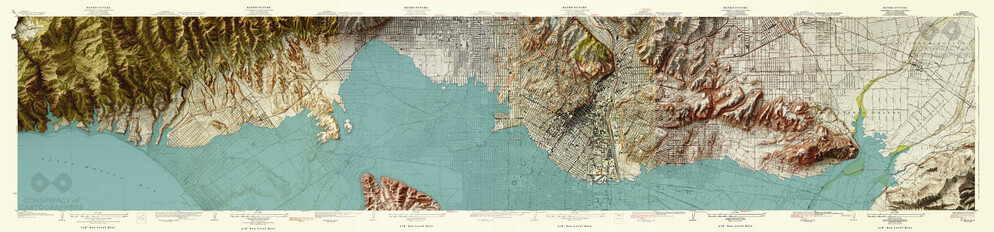 Polyptych of the Los Angeles Retrofuture maps...six USGS Quads of LA with 66m sea level rise