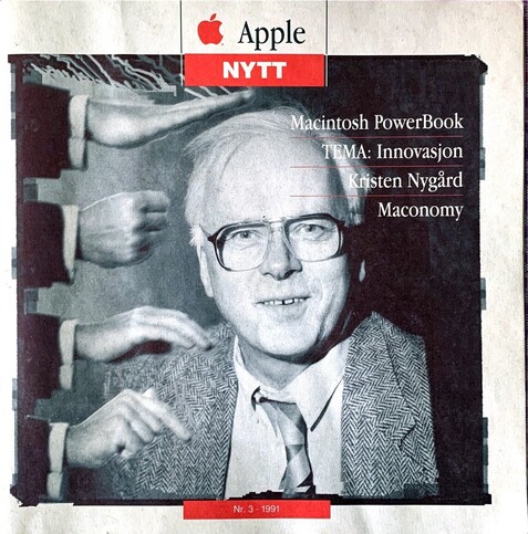 Forsiden av reklamebladet Apple Nytt, nr 3. Utgitt i 1991. Framsida har foto av Kristen Nygård. Overskiftene er "Macintosh Powerbook", "TEMA: Innovasjon", "Kristen Nygård" og "Maconomy"