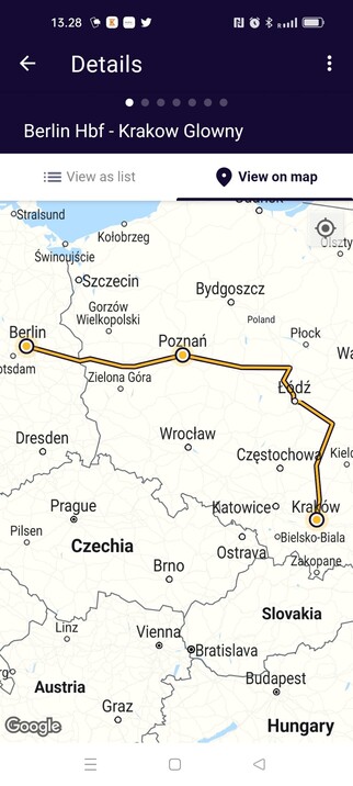 A map of our route via Poznan to Krakow