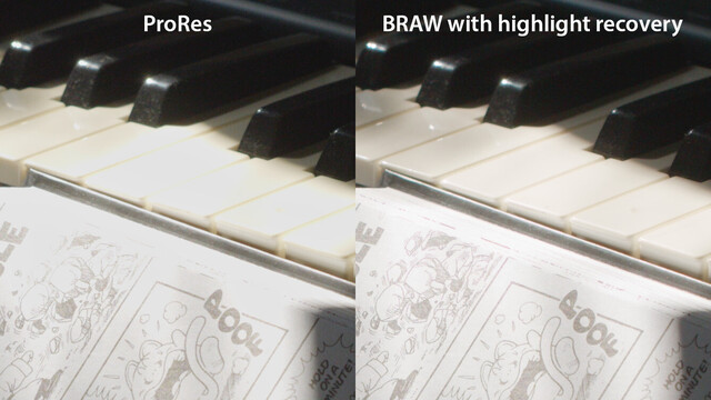 Two screen grabs comparing shooting ProRes vs BRAW with highlight recovery.