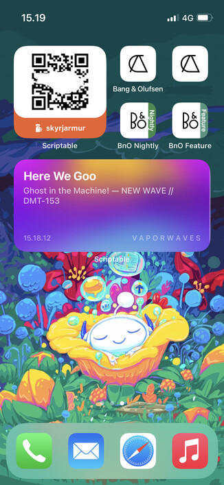 iOS Home Screen with app icons and widgets from the Scriptable app.