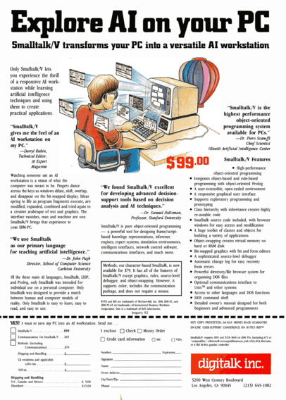 Utklipp av magasinet Byte fra 1986 hvor det reklameres for Smalltalk/V som en AI-arbeidstasjon.