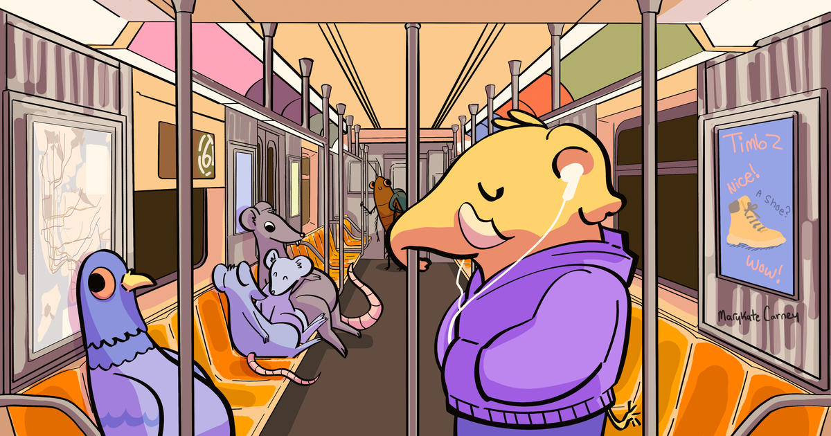 Artwork of a hoodie wearing elephant riding the NYC subway, among the other animal passengers such as pigeons, rats and cockroaches.