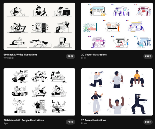Screenshot of website Free Illustrations Club featuring four panels in white on black background with illustrations of people with white text below each:
69 Black & White Illustrations
Whoooa!
FREE
20 Vector Illustrations
oi-oi
FREE
20 Minimalistic People Illustrations
Aye
FREE
20 Poses Illustrations
Poser
FREE
