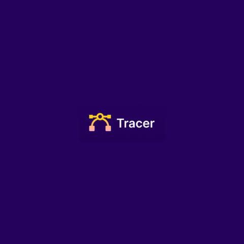 Logo Tracer, a yellow vector path icon with beginning and end pink points closed and middle point with handles. White text: Tracer.
On violet background.