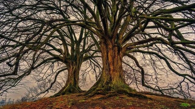 Two old trees without leaves on the top of a hill