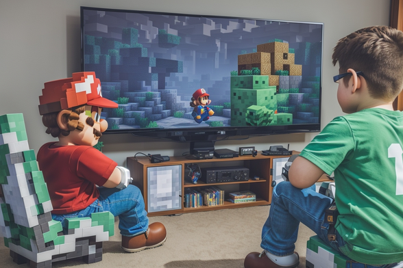 the legend super mario sitting in gaming room in front of a big tv and is playing minecraft