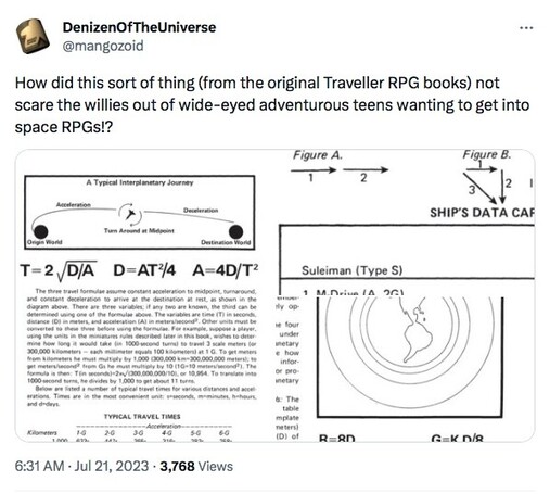 Extract from the  Traveller RPG rulebooks setting out the equations of motion for interplanetary travel