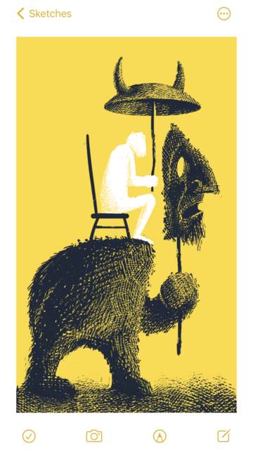 A large, furry, headless figure holds up a large mask on a stick. The mask is a big-nosed, bearded face with its mouth slightly open. Sitting on top of the figure, where its head would normally be, is a person sitting in a chair. The mask is positioned directly in front of the seated person, obscuring it totally from view if you were approaching the headless figure, er, head-on. The seated person is holding an umbrella with two horns on top. The overall effect is of a large, horned, furry monster, with most of its head replaced by a person sitting in a chair.