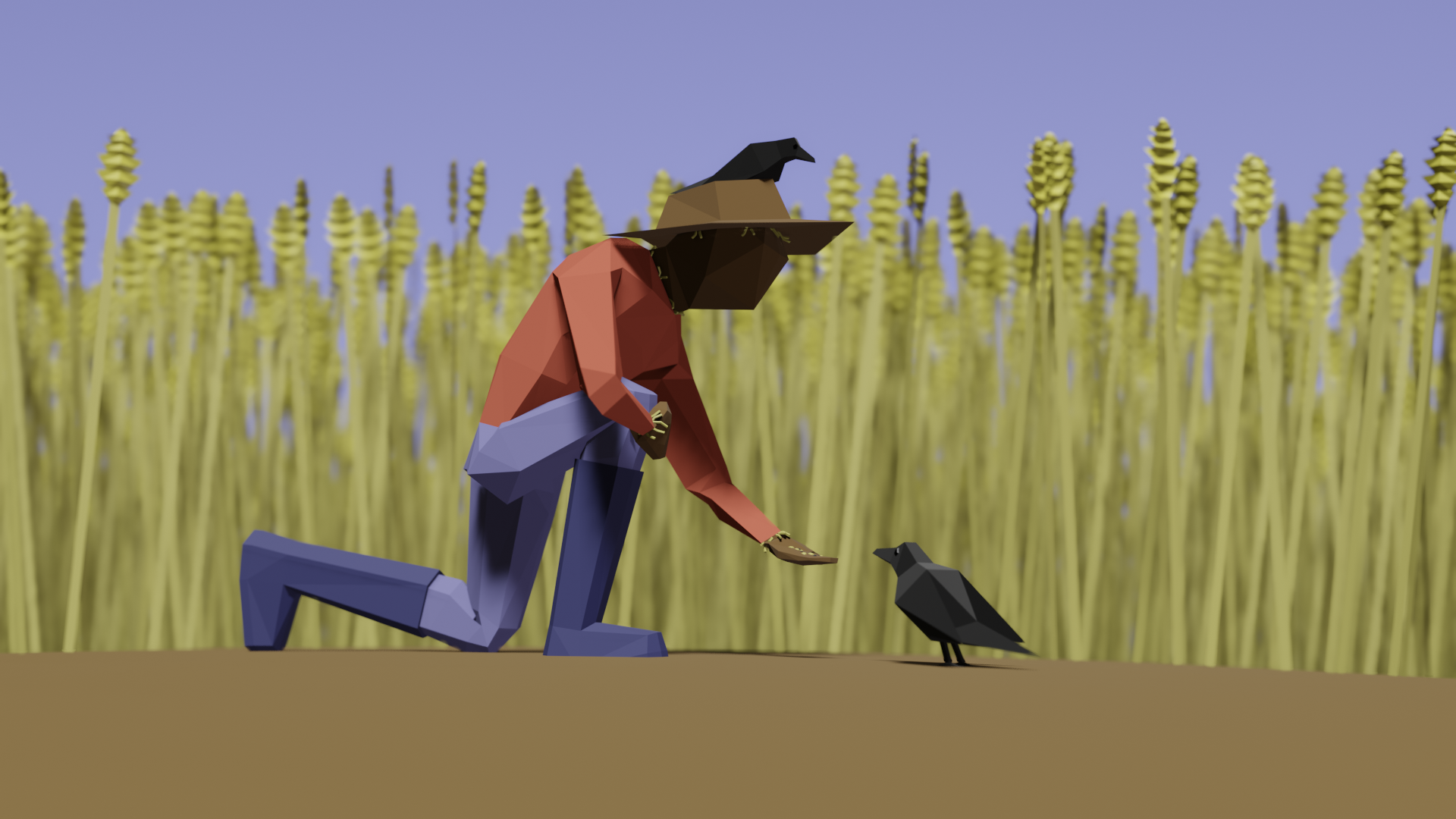 A low poly scene of a scarecrow crouching down to feed a crow on the ground. A smaller crow sits on the scarecrow's hat, looking on in interest. Behind them, a field of wheat stands against a blue sky