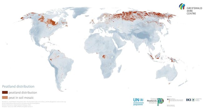 A map shows peatlands and peat-heavy soils around the world. United Nations Environment Programme.