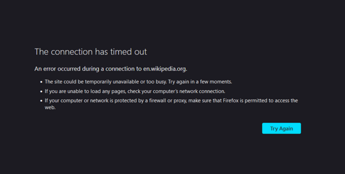 Screenshot of firefox browser page with "The connection has timed out" error