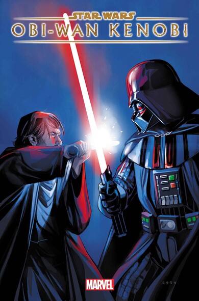 Comic book cover for OBI-WAN KENOBI #3 showing Obi-Wan crossing lightsabers with Darth Vader, a scene taken from the Disney+ series.