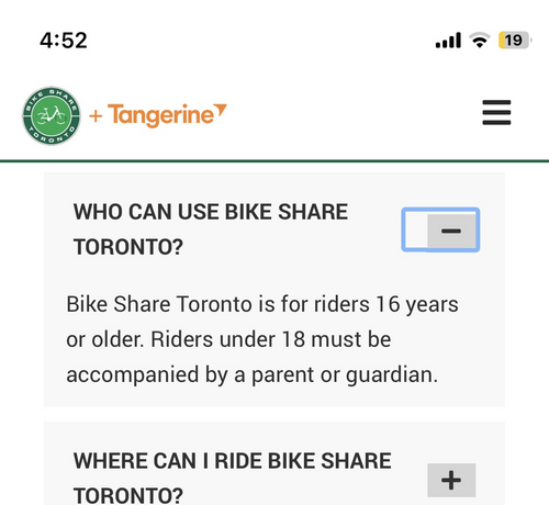 Toronto Bike Share FAQ for age requirements 