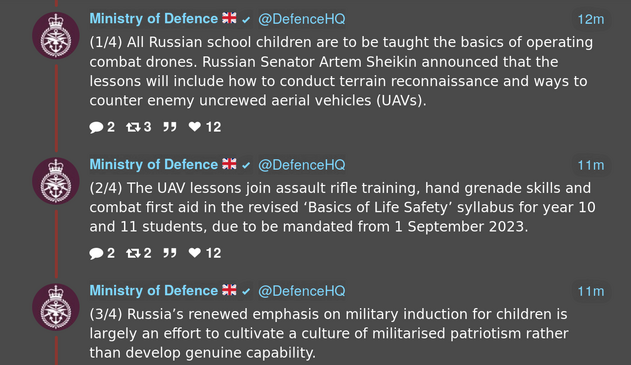 @DefenceHQ
22m
(1/4) All Russian school children are to be taught the basics of operating combat drones. Russian Senator Artem Sheikin announced that the lessons will include how to conduct terrain reconnaissance and ways to counter enemy uncrewed aerial vehicles (UAVs).

Jul 24, 2023 · 5:39 AM UTC