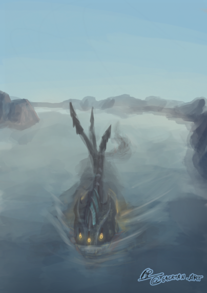 digital illustration of a monster kaiju swimming in a lake