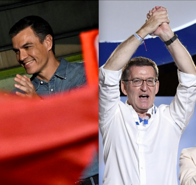 Pedro Sanchez (PSOE) et Alberto Núñez Feijóo (PP) sont au coude-à-coude après les élections législatives espagnoles du 23 juillet 2023. © AFP