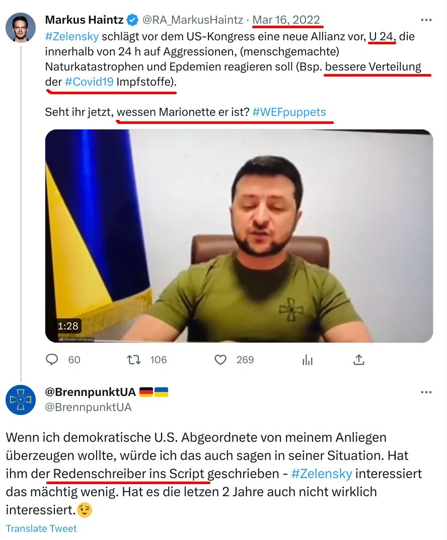 Quelle: https://x.com/BrennpunktUA/status/1504113396022755328
BrennpunktUA, Selenskyj, Twitter, X, Ukraine, Russland
