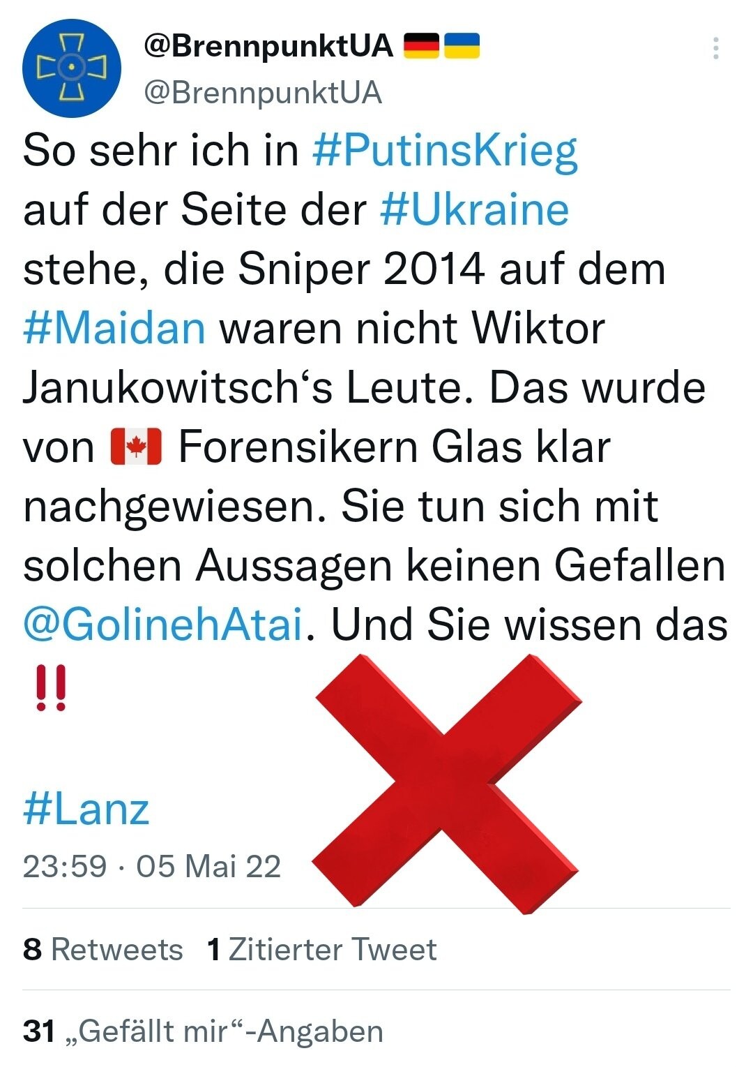 Quelle: https://x.com/BrennpunktUA/status/1522335089241247745
BrennpunktUA, Maidan, Sniper, CIA, Janukowitsch, Twitter, X, Ukraine, Russland