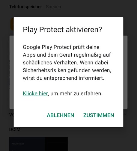 A phone screenshot of a popup window showing "google olay protect" warning
