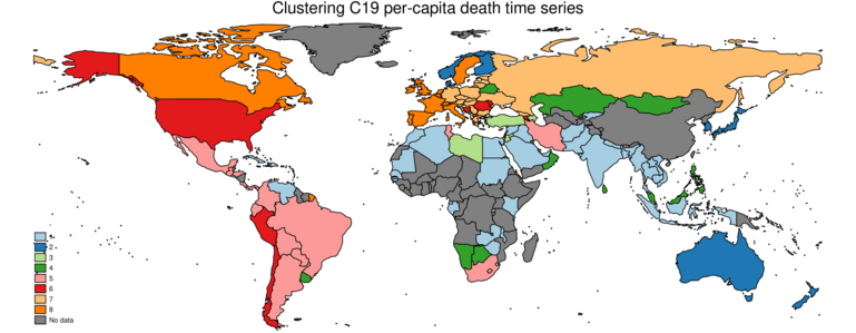 World choropleth map showing what cluster each country belongs to.