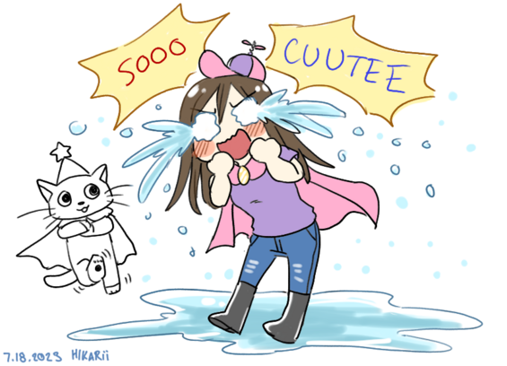 Cedar, cat with wizard hat and cape doing dancing cat meme while Hikarii, pink/purple propeller hat, purple shirt, jeans, black rubber boots and pink cape cries her eyes out with pool of water at her feet at how cute he is