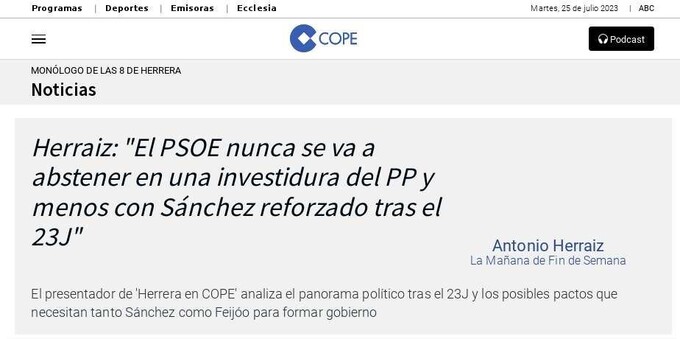 El PSOE en una eventual investidura de Núñez Feijóo 
Titulares Cope 2023 Jul.25